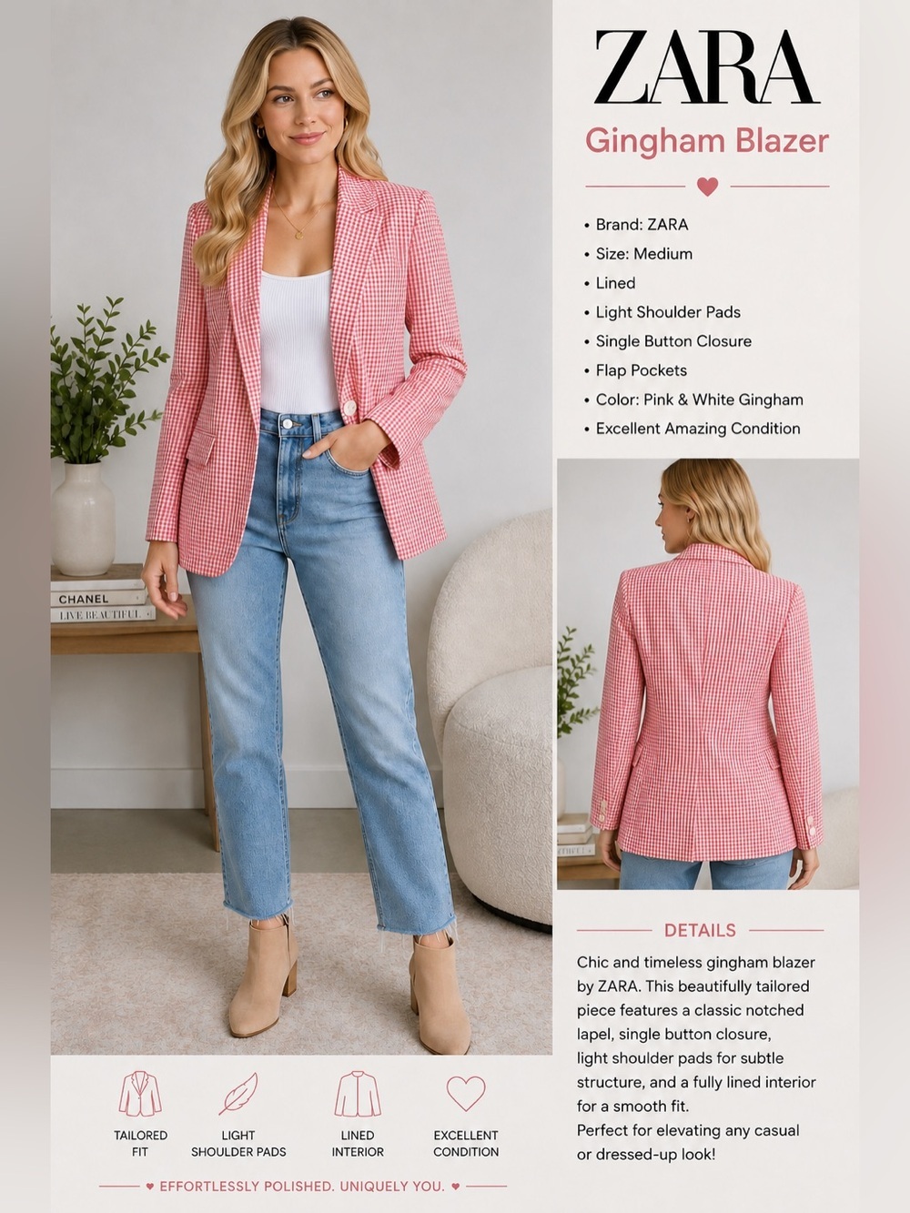 Zara Pink White Gingham Check Blazer Lined Shoulder Pads Size M